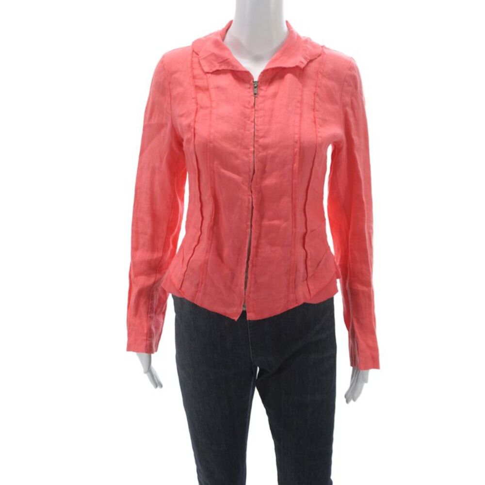 Inizio Women Basic Jacket Pink Linen Collared Zip Long Sleeve Size S